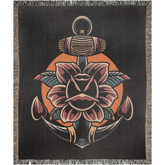 Rose Anchor Traditional Tattoo Style Woven Fringe Blanket / / Wall tapestry, throw for sofa, maximalist decor, tattoo home decor