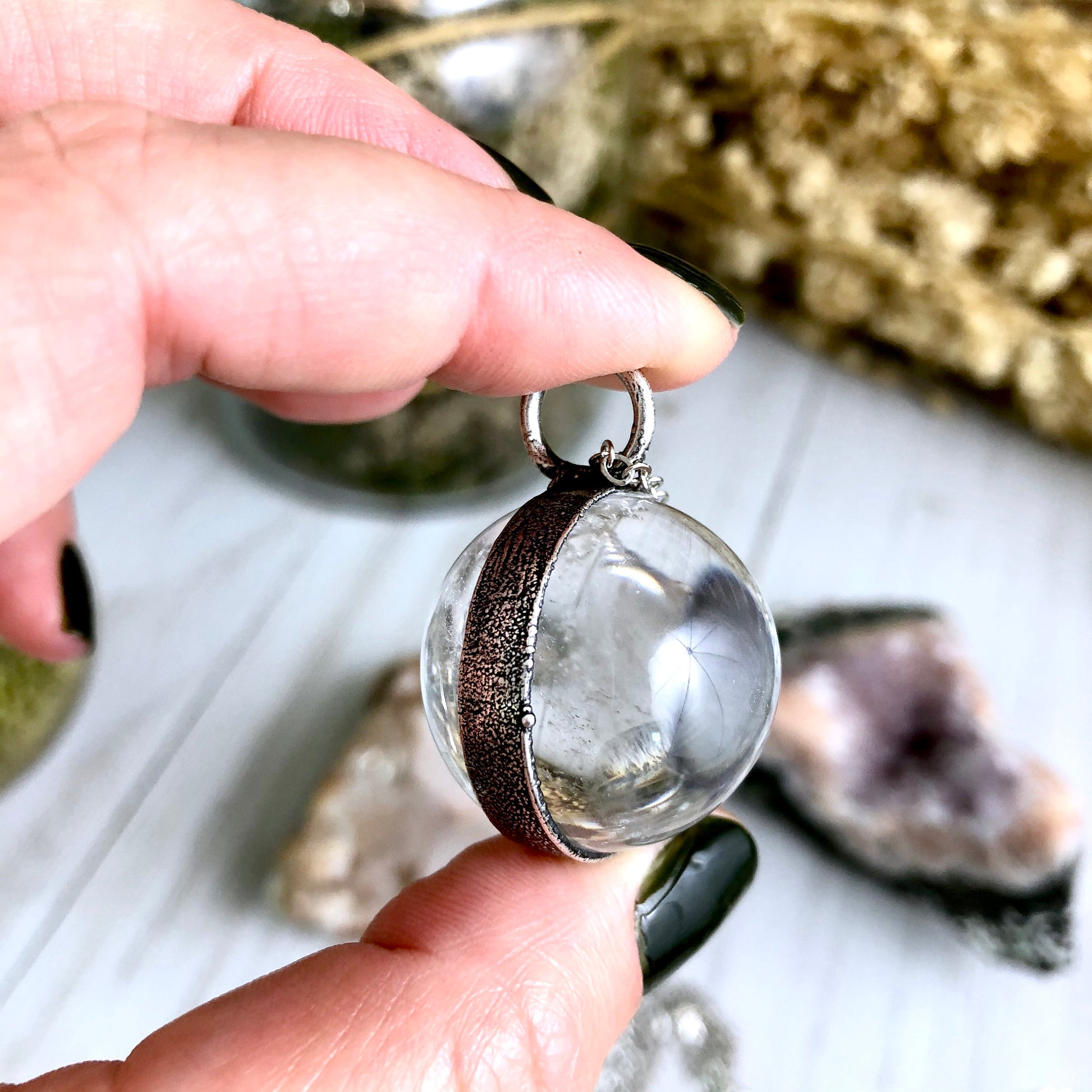 Silver Crystal Ball Necklace Large Clear Quartz Crystal Necklace // Crystal Sphere Necklace, Crystal Orb Statement Necklace Witchy Jewelry