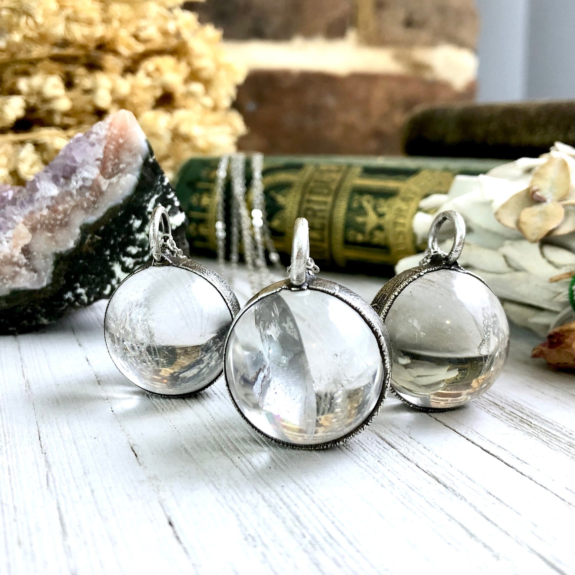 Silver Crystal Ball Necklace Large Clear Quartz Crystal Necklace // Crystal Sphere Necklace, Crystal Orb Statement Necklace Witchy Jewelry