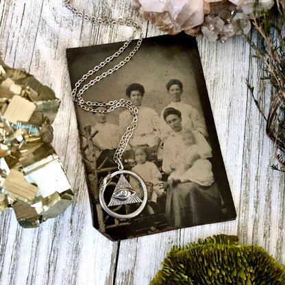 Tiny Talisman Collection - Sterling Silver All Seeing Eye and Ouroboros Necklace Pendant 21x21mm /