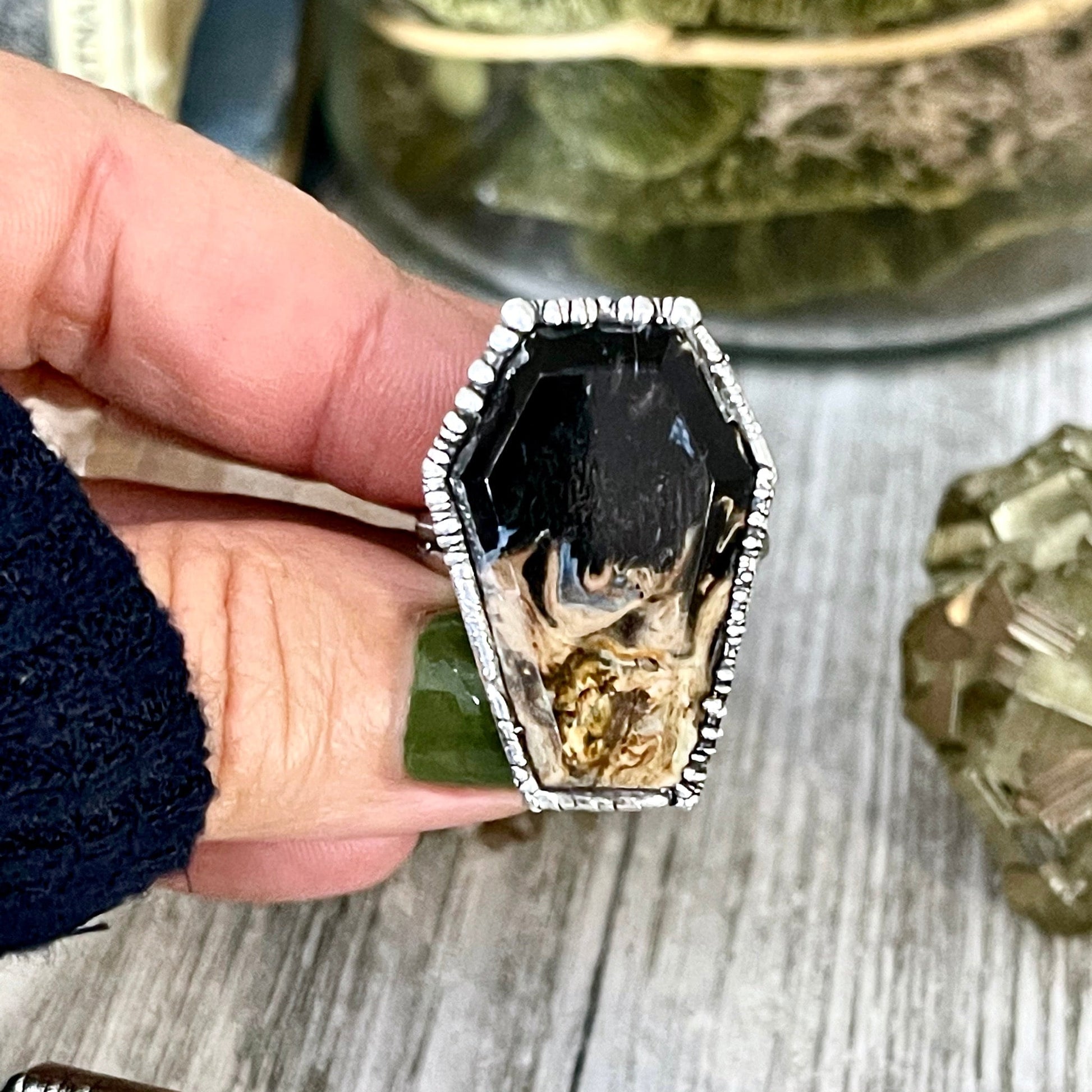 Silver Coffin Ring Black Stone Ring Size 8 9 10 / Fossilized Palm Root Coffin Jewelry