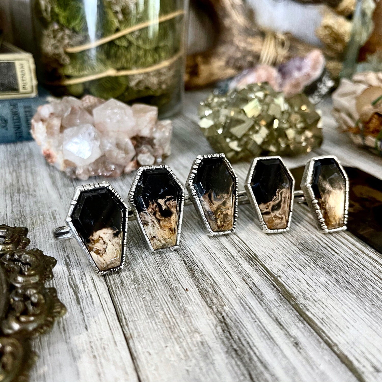 Silver Coffin Ring Black Stone Ring Size 8 9 10 / Fossilized Palm Root Coffin Jewelry /Gothic Ring For Woman
