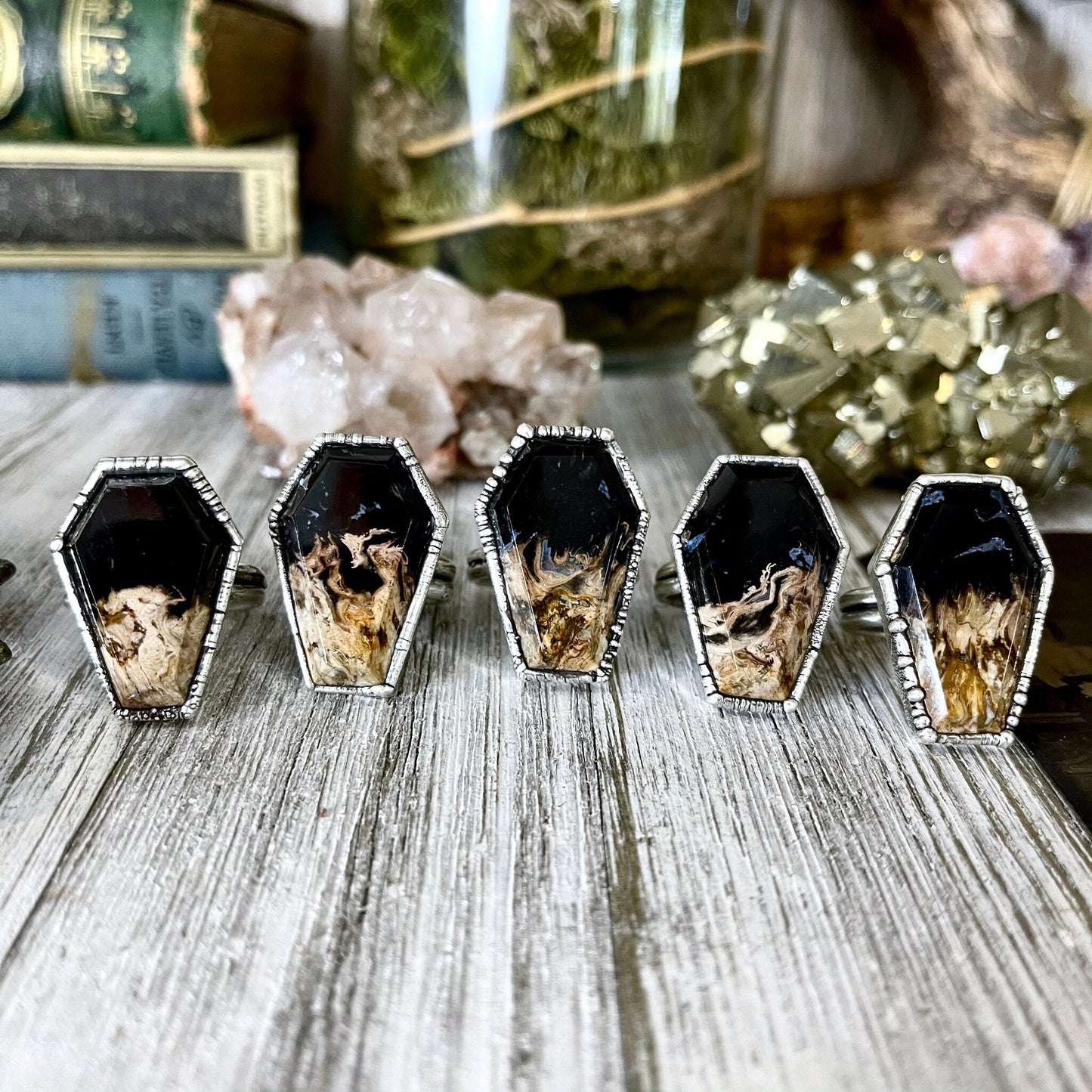 Silver Coffin Ring Black Stone Ring Size 8 9 10 / Fossilized Palm Root Coffin Jewelry