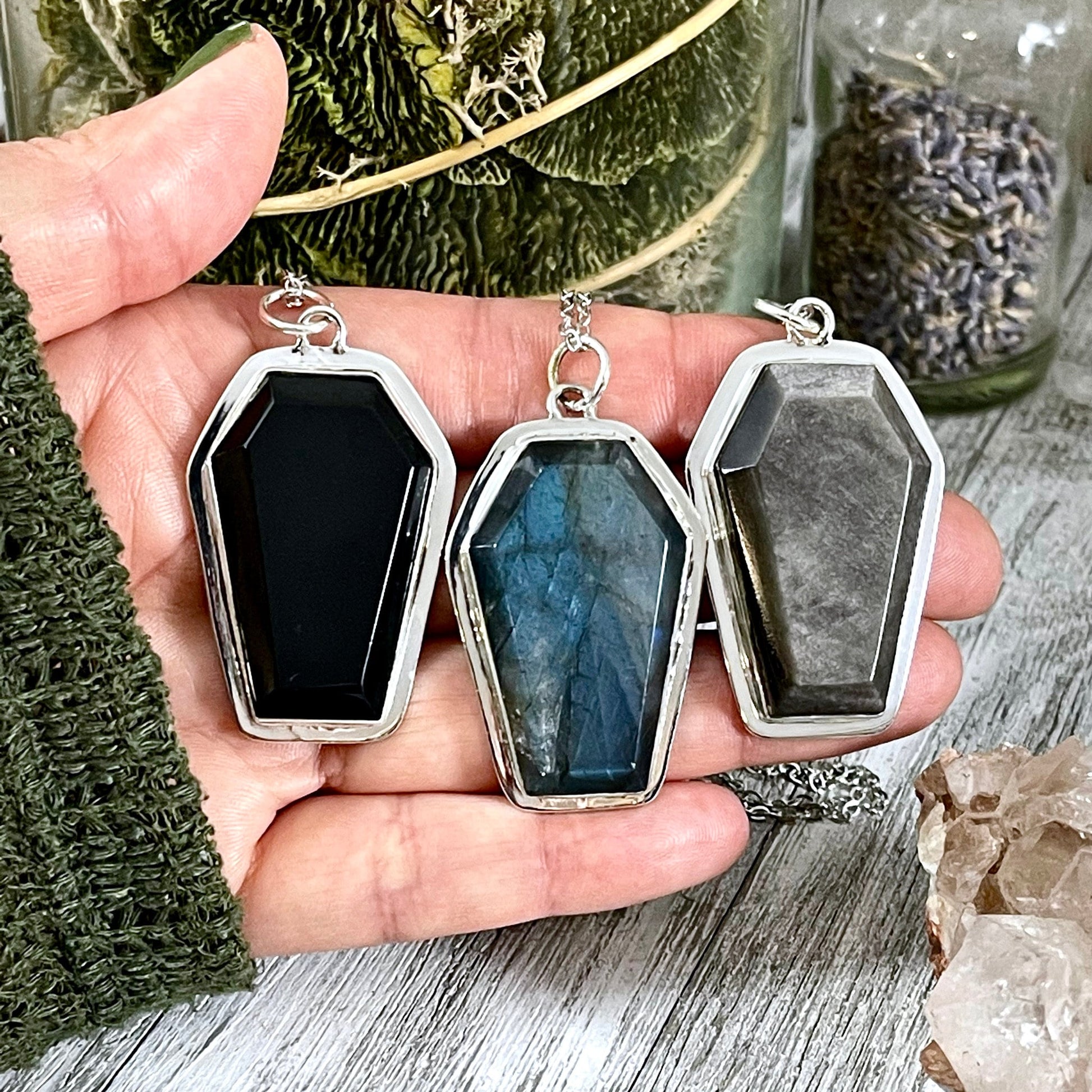 Big Chunky Crystal Coffin Necklace in Sterling Silver- Black Onyx, Labradorite or Silver Sheen Obsidian -Designed by FOXLARK Collection