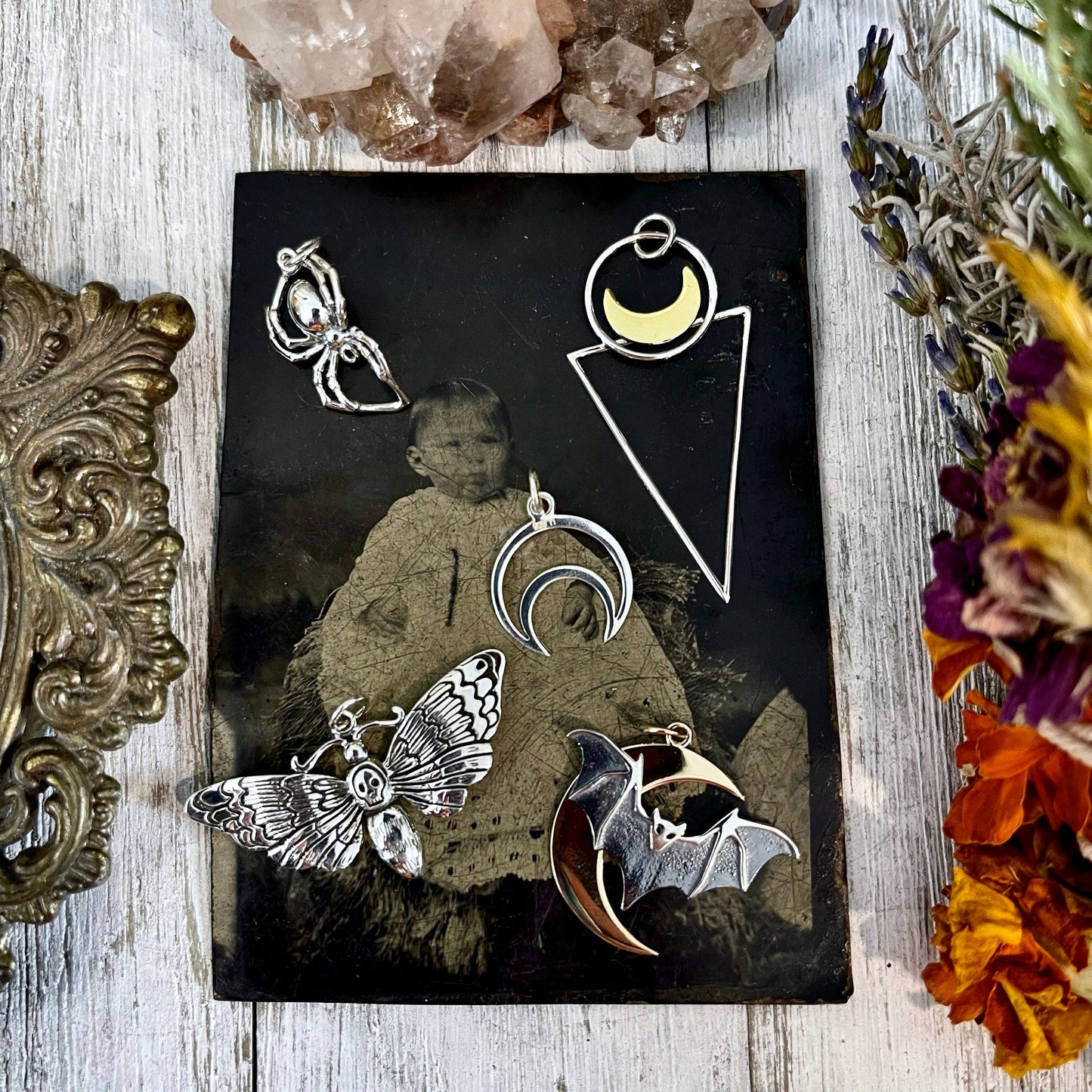 Tiny Talisman Collection - Sterling Silver Deaths Head Moth Pendant with Skull 19x30mm / Curated by FOXLARK Collection 925