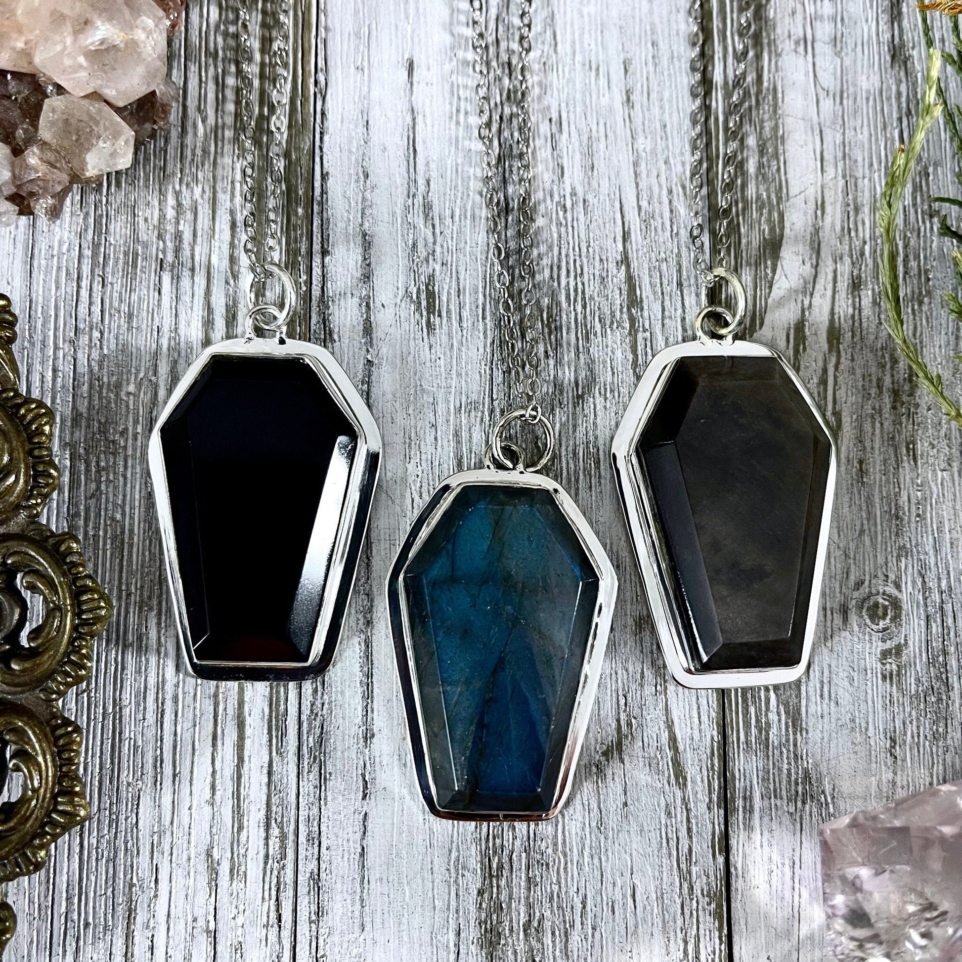 Big Chunky Crystal Coffin Necklace in Sterling Silver- Black Onyx, Labradorite or Silver Sheen Obsidian -Designed by FOXLARK Collection