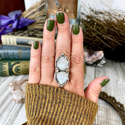 Mystic Moons Rainbow Moonstone Crystal Ring in Solid Sterling Silver- Designed by FOXLARK Collection Size 5 6 7 8 9 10 11