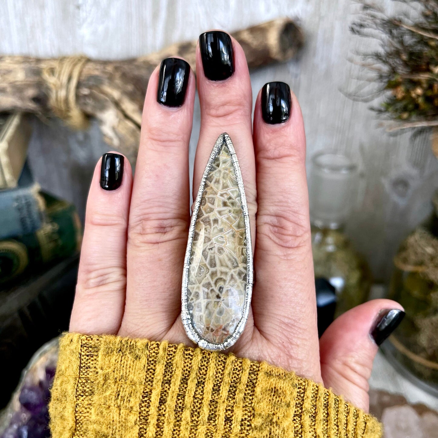 big Silver ring, Big Statement ring, Bohemian Jewelry, Bohemian Ring, Boho Crystal Jewelry, Boho Ring, Crystal Jewelry, Crystal Ring, Etsy ID: 1318717735, Fossil Coral Ring, FOXLARK- RINGS, Gypsy Jewelry, Jewelry, Large Stone Ring, Natural Stone Ring, Rin