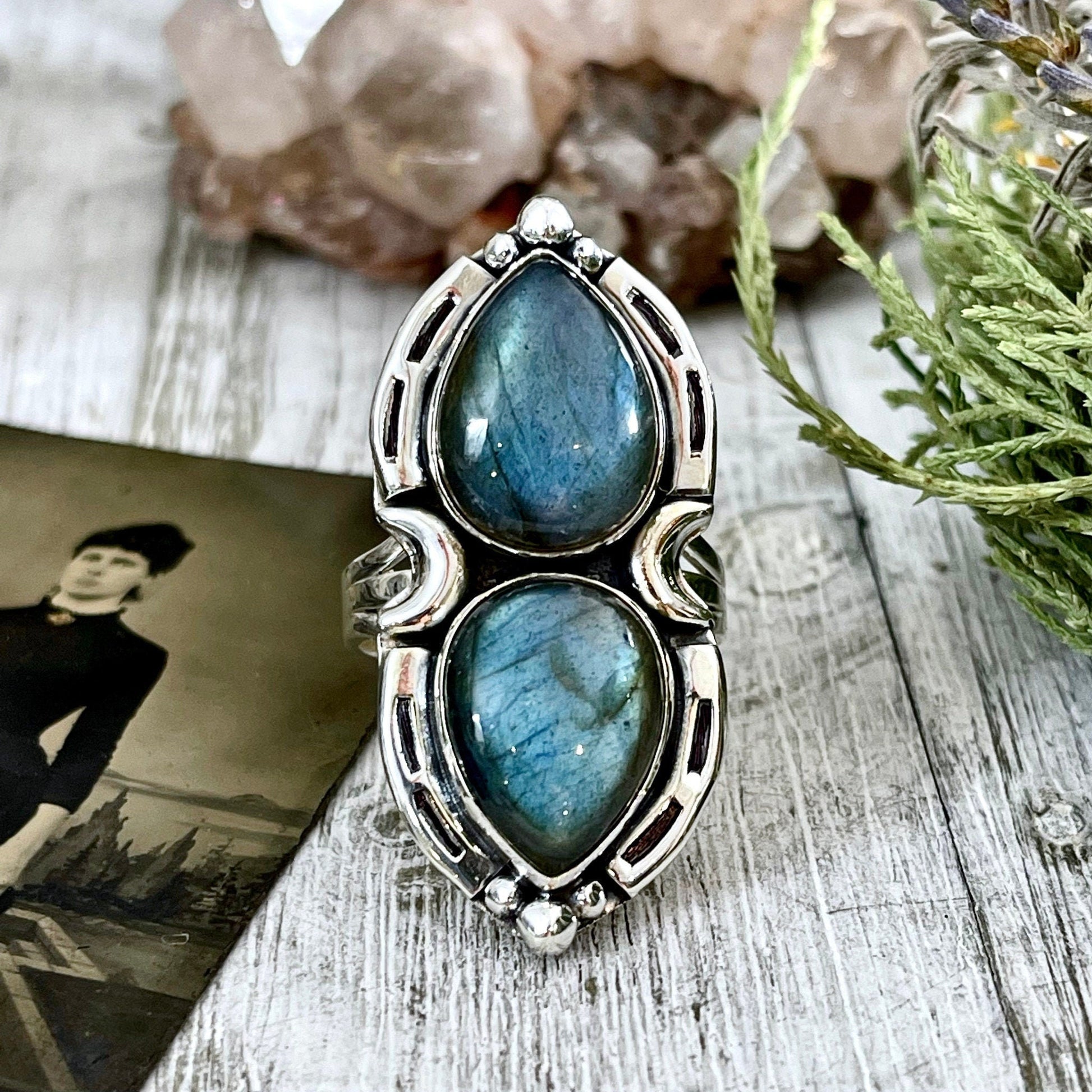 Mystic Moons Labradorite Crystal Ring Sterling Silver Designed FOXLARK Collection Size 6 7 8 9 10