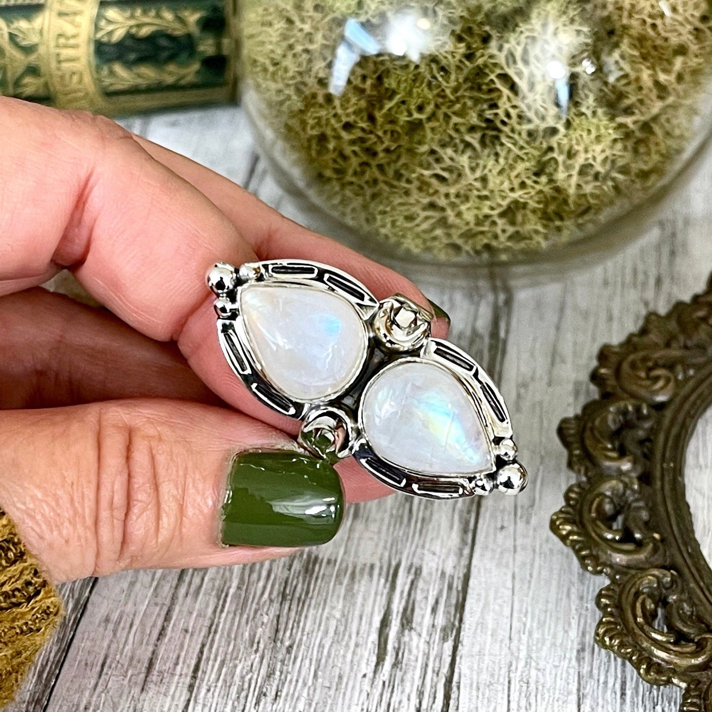 Mystic Moons Rainbow Moonstone Crystal Ring in Solid Sterling Silver- Designed by FOXLARK Collection Size 5 6 7 8 9 10 11