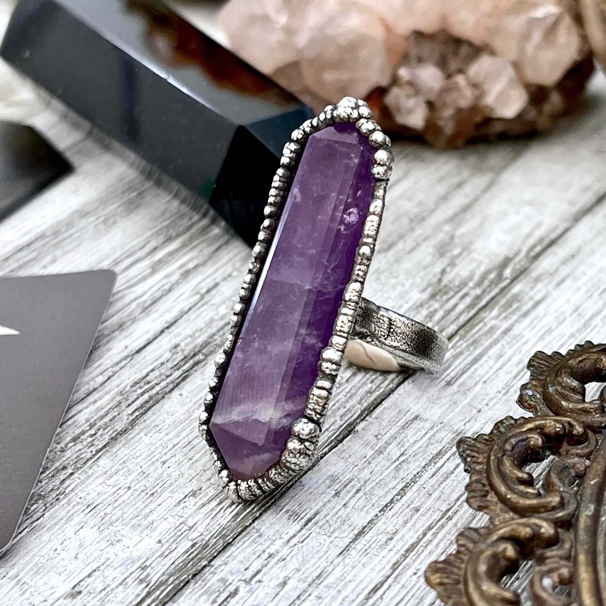 Purple Amethyst Crystal Point Ring Set in Fine Silver Size 5 6 7 8 9 10 / Foxlark Collection One of a Kind