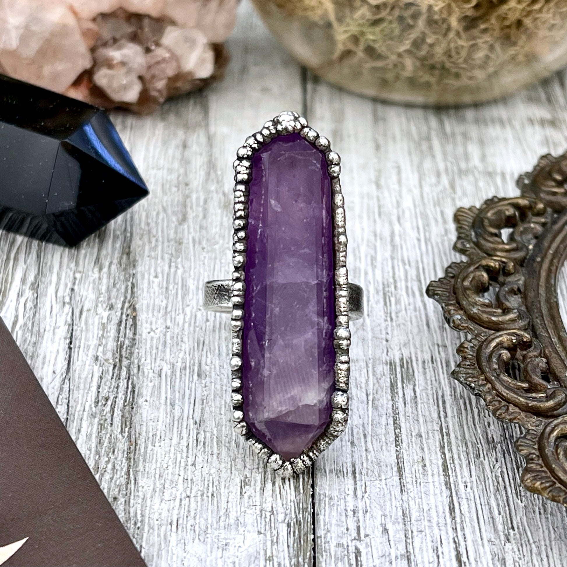 Purple Amethyst Crystal Point Ring Set in Fine Silver Size 5 6 7 8 9 10 / Foxlark Collection One of a Kind