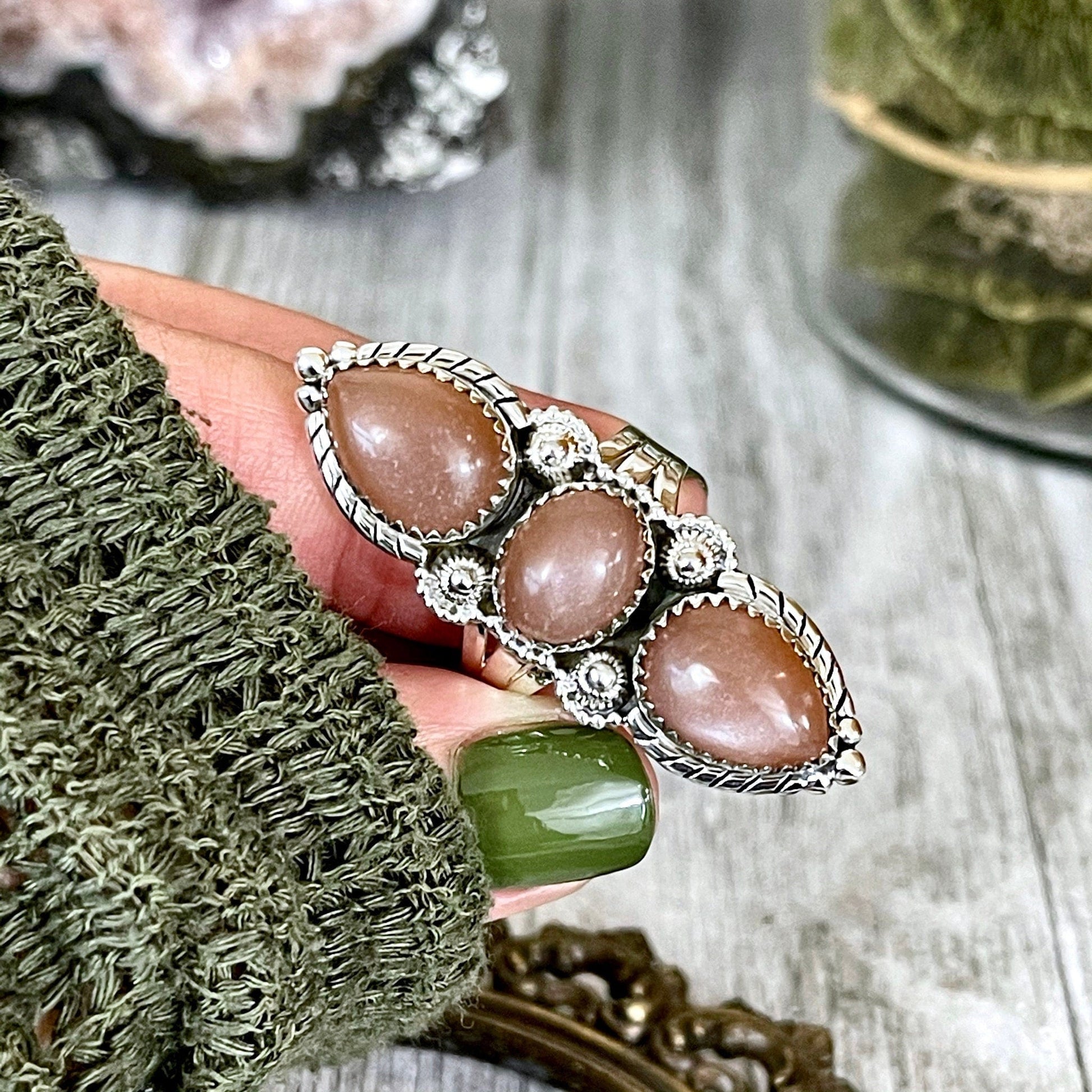 Three Stone Peach Moonstone Ring in Solid Sterling Silver- Designed by FOXLARK Collection Size 5 6 7 8 9 10 11 / Gothic Jewelry Gemstone.