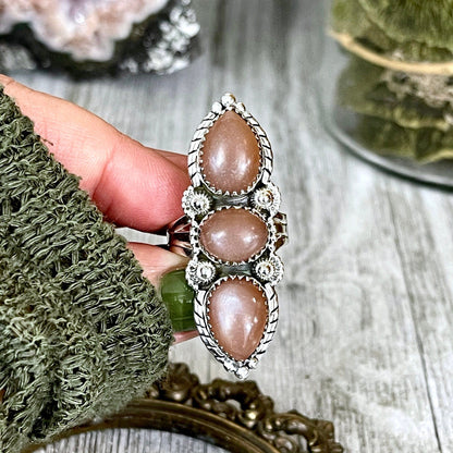 Three Stone Peach Moonstone Ring in Solid Sterling Silver- Designed by FOXLARK Collection Size 5 6 7 8 9 10 11 / Gothic Jewelry Gemstone.