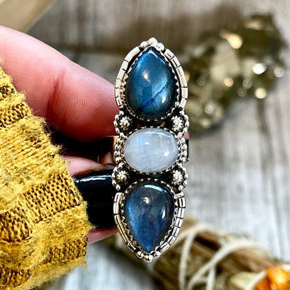 Three Stone Labradorite and Rainbow Moonstone Crystal Ring in Sterling Silver- Designed by FOXLARK Collection Adjustable to Size 6 7 8 9