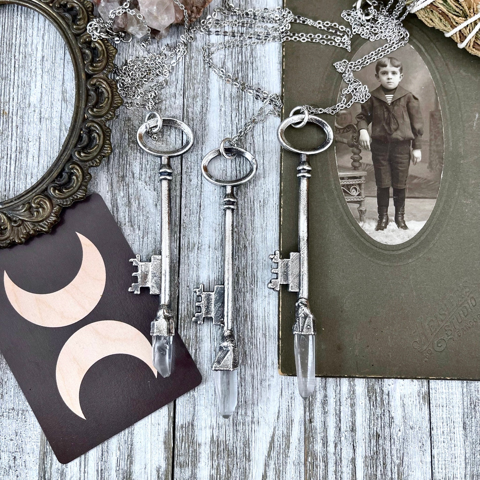 Raw Clear Quartz Crystal Vintage Skeleton Key Necklace Pendant in Fine Silver / Foxlark Collection - One of a Kind