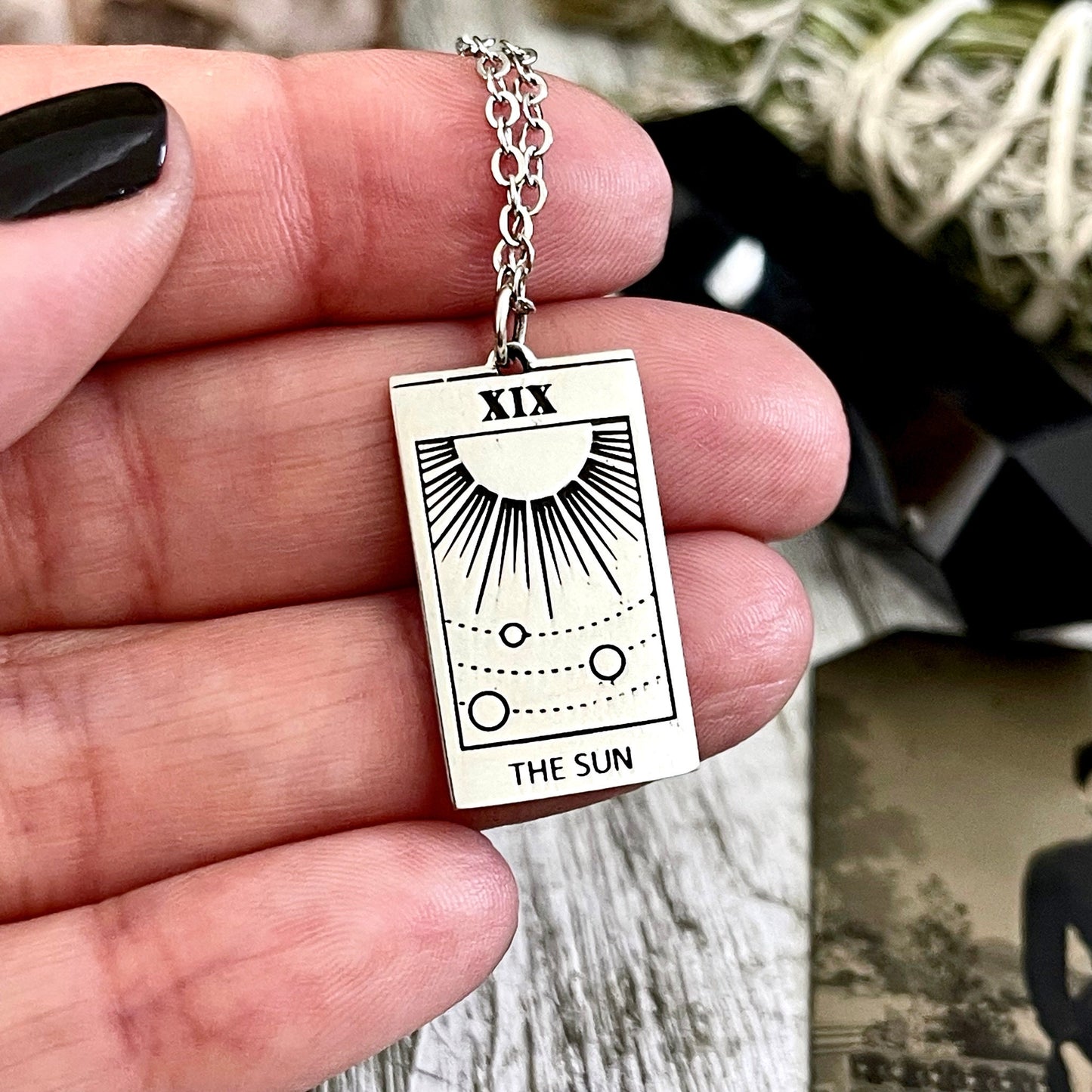 Tiny Talisman Collection - Sterling Silver The Sun Tarot Card Necklace 24x14mm /