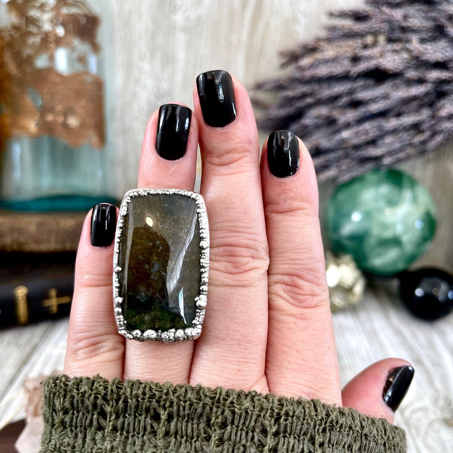 Big Size 6 Silver Natural Fancy Moss Agate Crystal Statement Ring / Foxlark Collection - One of a Kind / Big Crystal Ring Witchy Jewelry