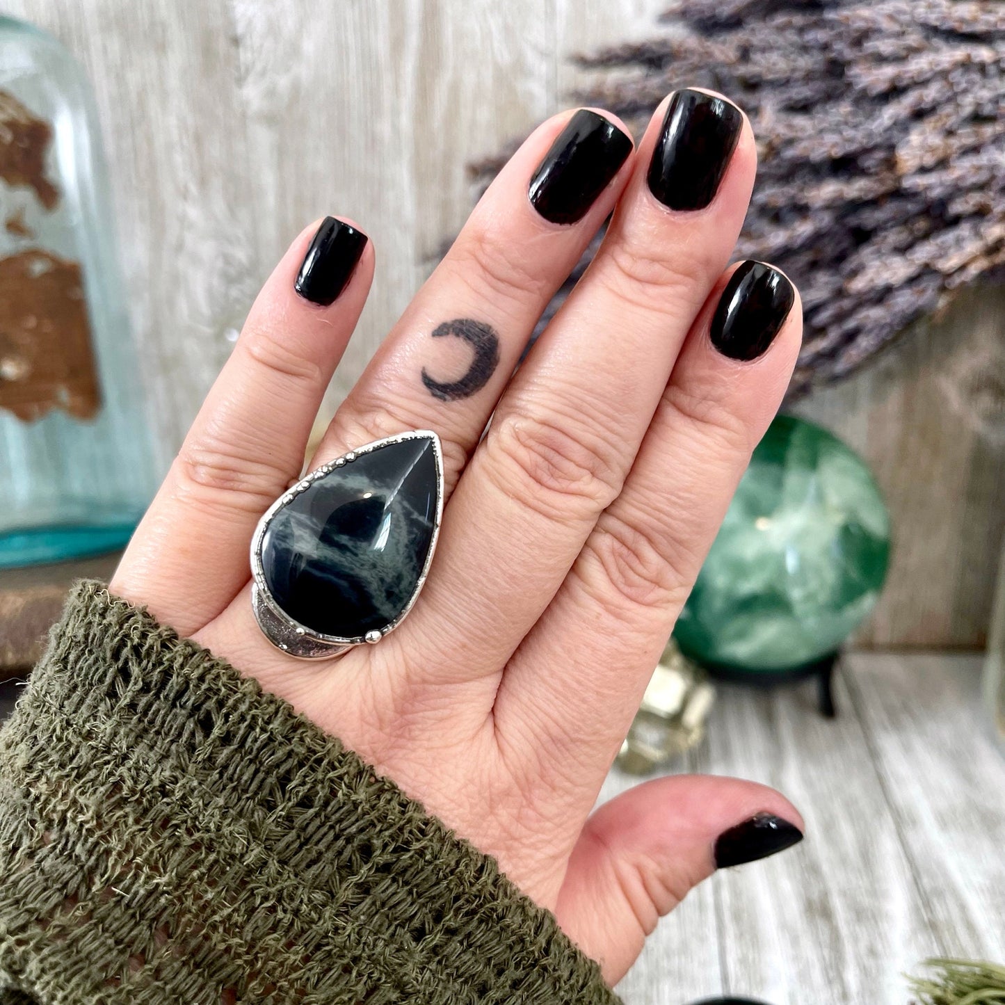 Size 8 Silver Spiderweb Obsidian Ring Large Crystal Ring / Foxlark Collection - One of a Kind / Big Crystal Ring Witchy Jewelry