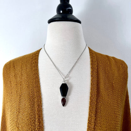 Crystal Coffin Black Onyx and Red Carnelian Necklace / Gothic Jewelry