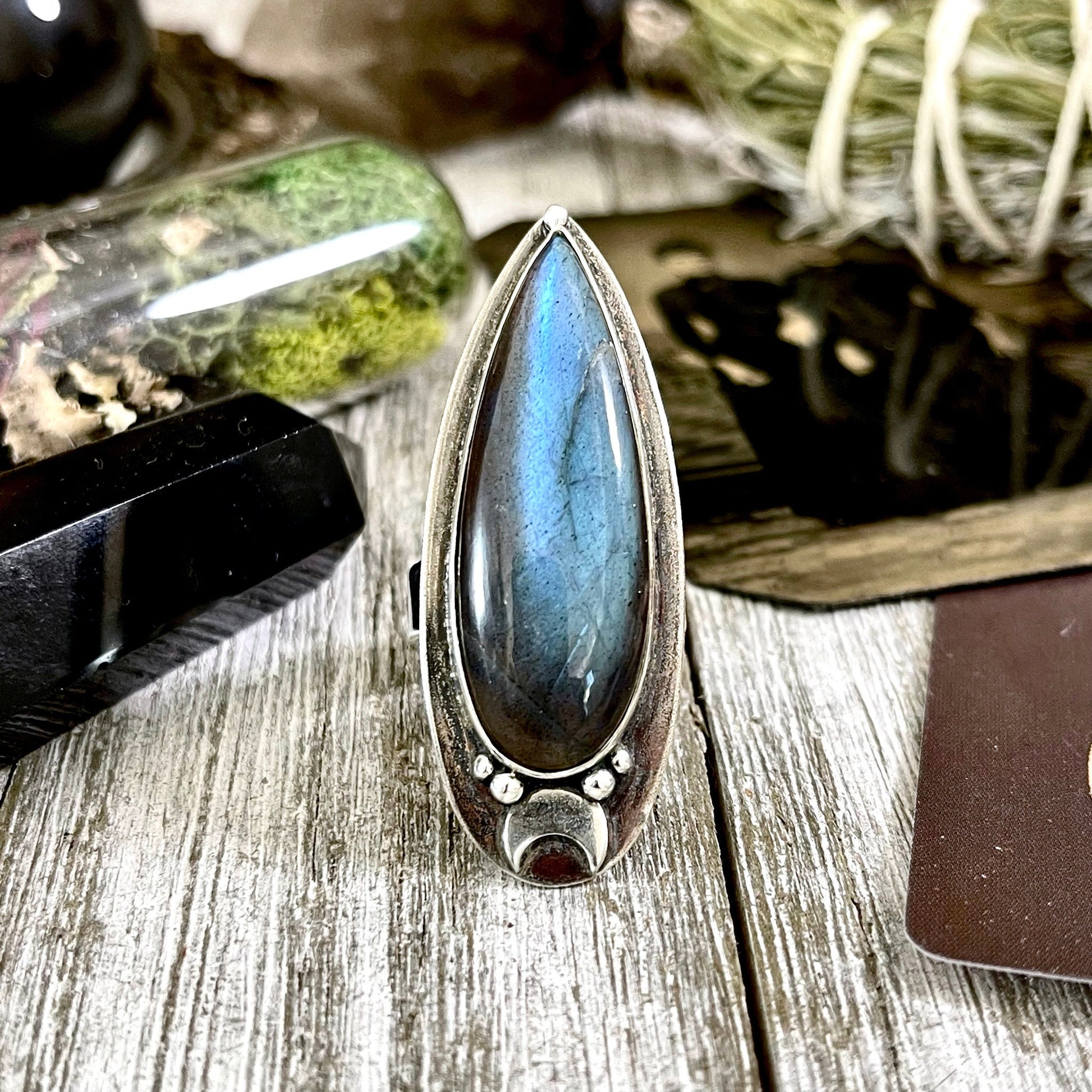 Magic Moons Labradorite Ring in Solid Sterling Silver / Designed by FOXLARK Collection Adjustable to Size 6 7 8 9 10