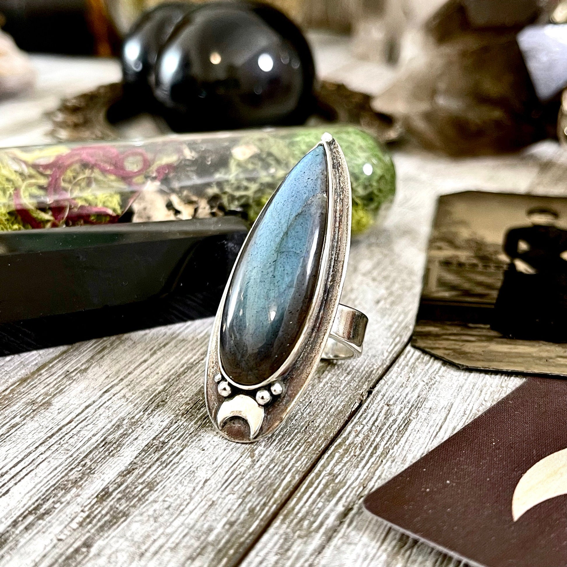 Magic Moons Labradorite Ring in Solid Sterling Silver / Designed by FOXLARK Collection Adjustable to Size 6 7 8 9 10