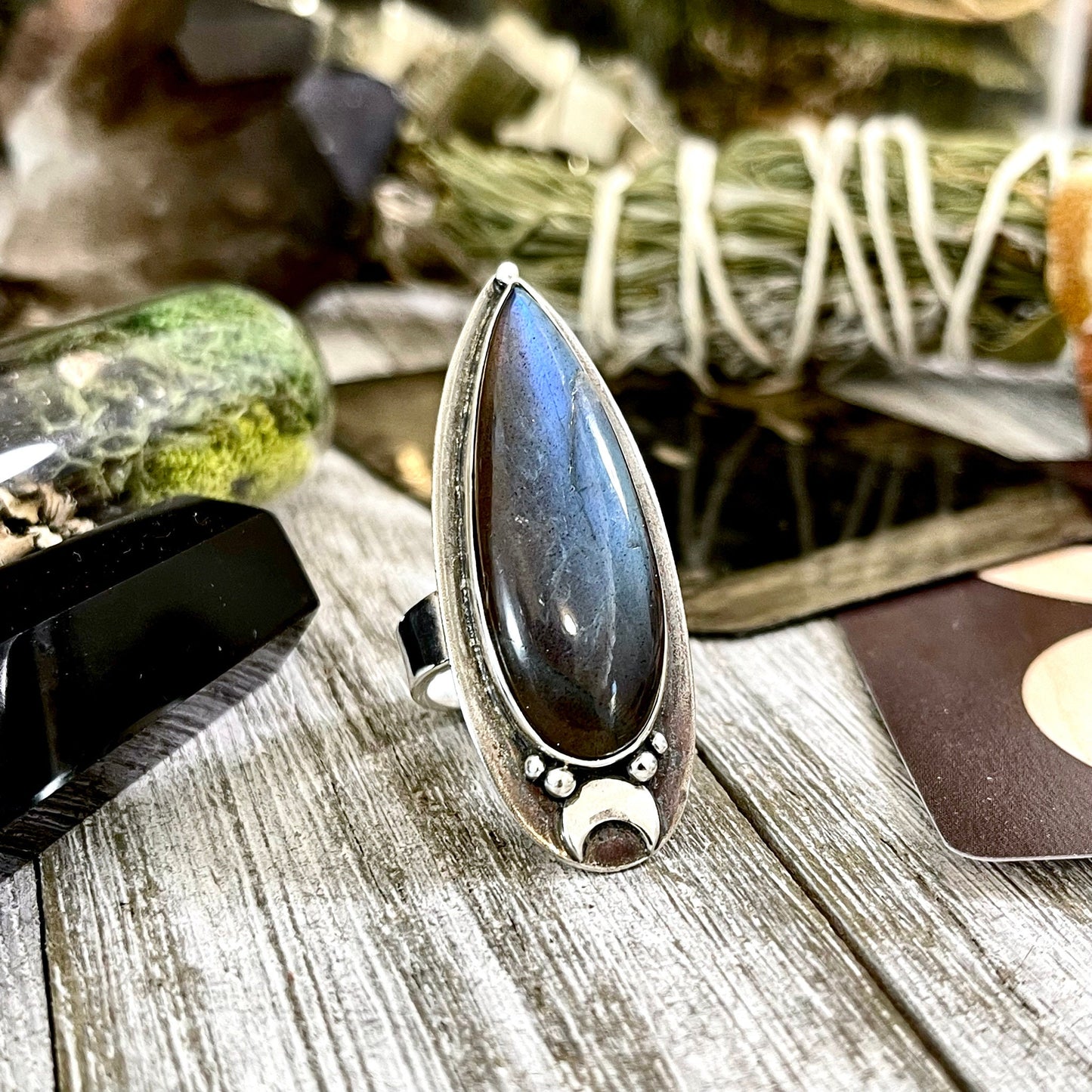 Magic Moons Labradorite Ring in Solid Sterling Silver / Designed by FOXLARK Collection Adjustable to Size 6 7 8 9 10