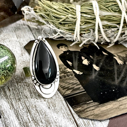 Black Obsidian Crystal Ring in Sterling Silver, Midnight Moon Ring / Designed by FOXLARK Adjustable to Size 6 7 8 9 Gemstone Jewelry Goth Ring