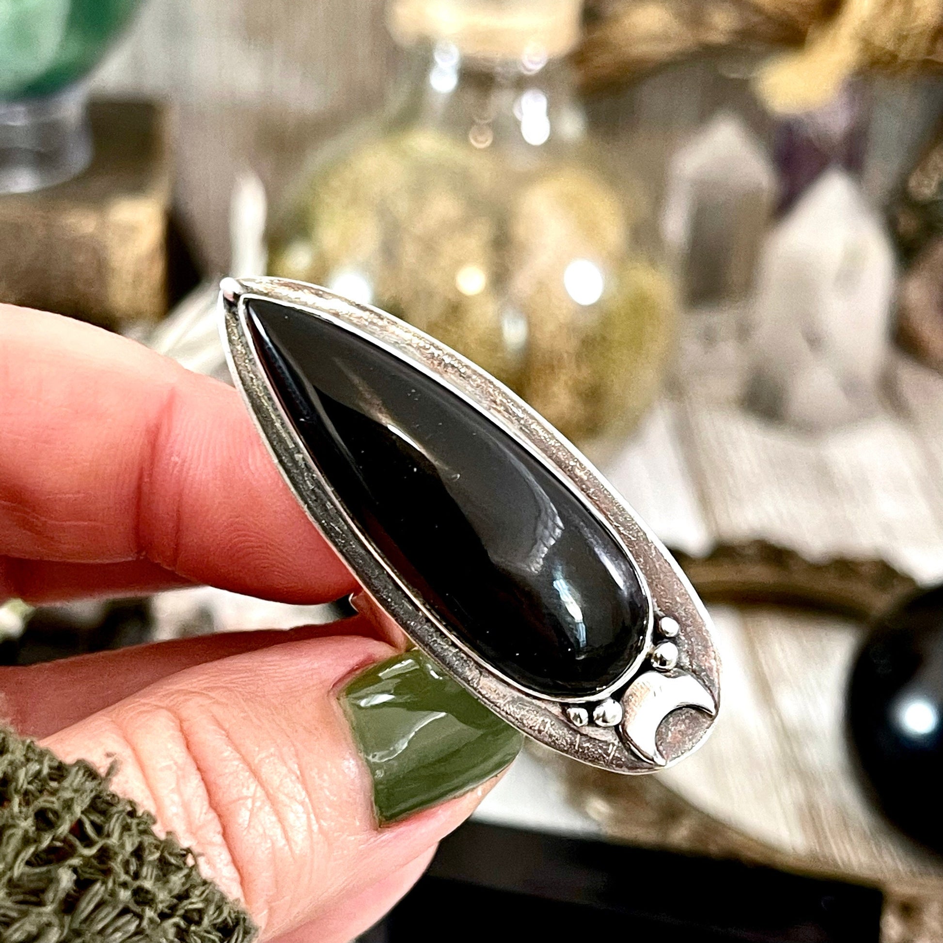 Black Onyx Ring in Sterling Silver, Magic Moon Ring/ Designed by FOXLARK Collection Adjustable to Size 6 7 8 9 10