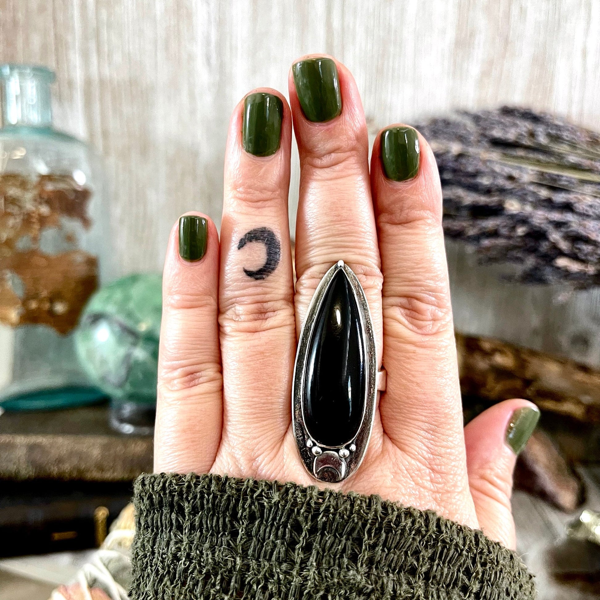 Black Onyx Ring in Sterling Silver, Magic Moon Ring/ Designed by FOXLARK Collection Adjustable to Size 6 7 8 9 10