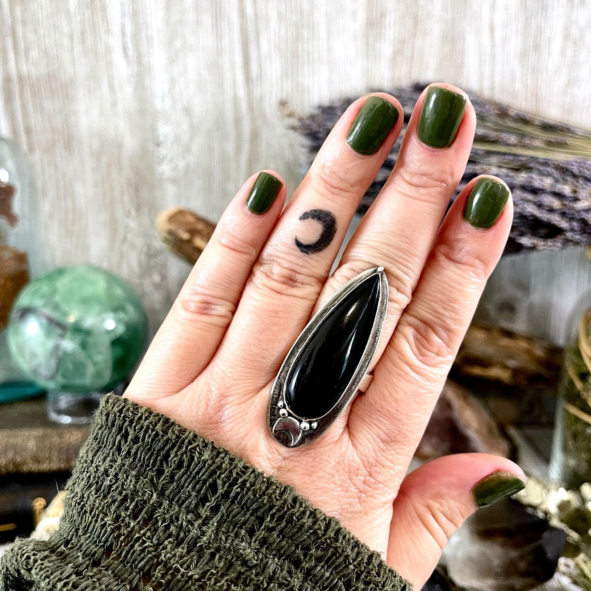 Black Onyx Ring in Sterling Silver, Magic Moon Ring/ Designed by FOXLARK Collection Adjustable to Size 6 7 8 9 10