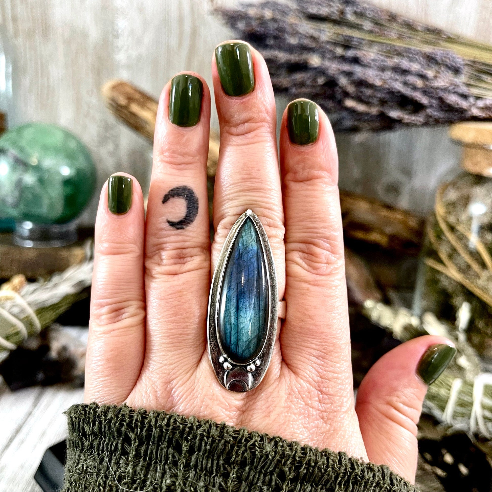 Magic Moons Labradorite Ring in Solid Sterling Silver / Designed by FOXLARK Collection Adjustable to Size 6 7 8 9 10