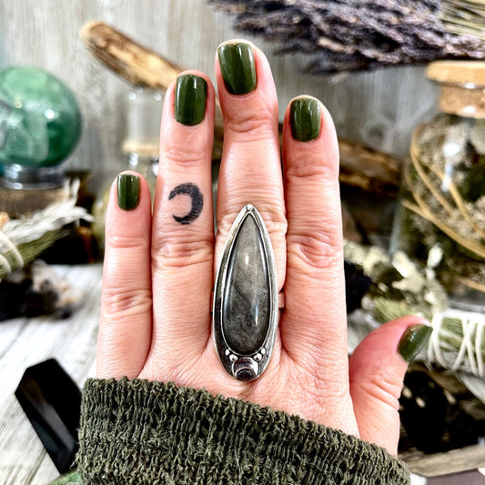 Magic Moons Silver Sheen Obsidian Ring in Sterling Silver / Designed by FOXLARK Collection Adjustable to Size 6 7 8 9 10