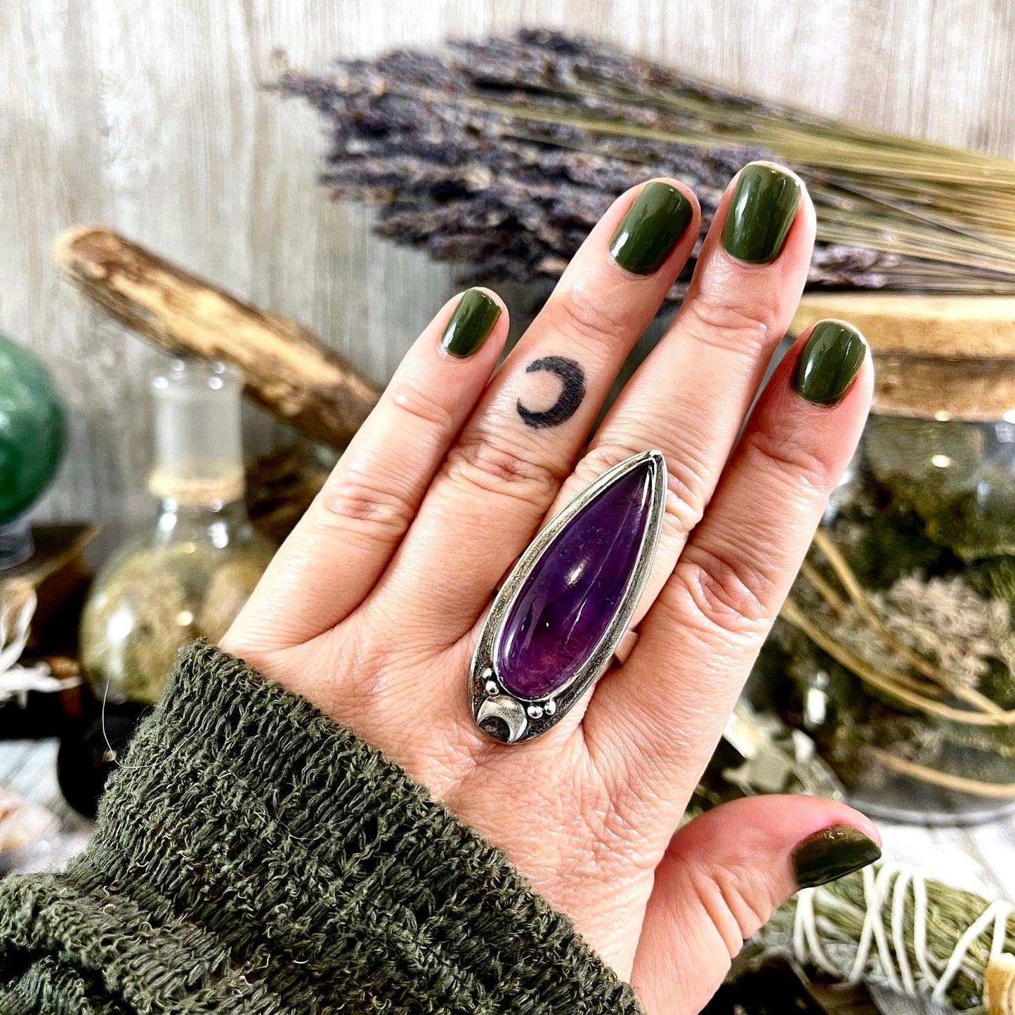 Purple Amethyst Ring Sterling Silver | Big Witchy Crystal Jewelry | Magic Moon | Adjustable Statement Ring 6-10 Gothic Gemstone Jewelry
