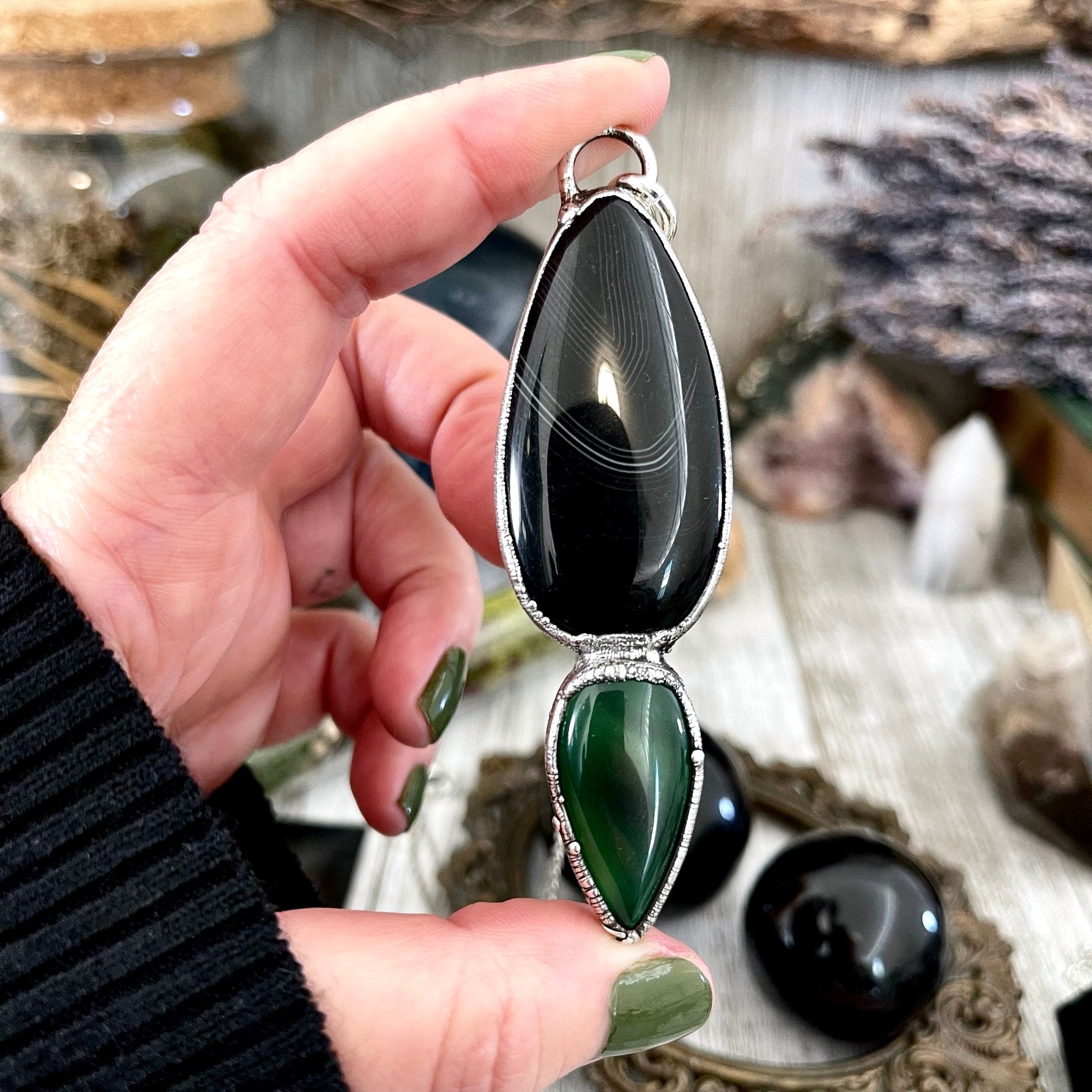 Crystal Teardrop Black Agate and Green Agate Necklace / Gothic Jewelry