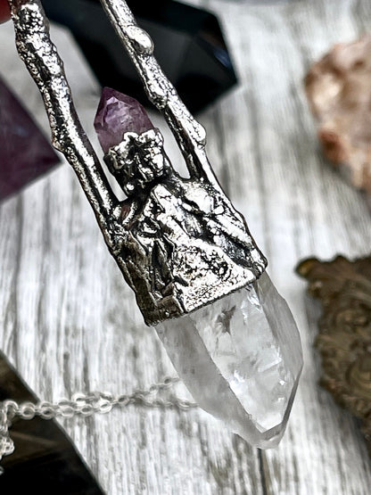 Sticks & Stones Collection - Raw Clear Quartz and Amethyst Crystal Necklace in Fine Silver // Crystal Necklace Witchy Jewelry Gothic Pendant