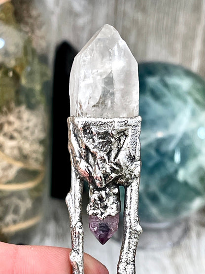 Sticks & Stones Collection - Raw Clear Quartz and Amethyst Crystal Necklace in Fine Silver // Crystal Necklace Witchy Jewelry Gothic Pendant