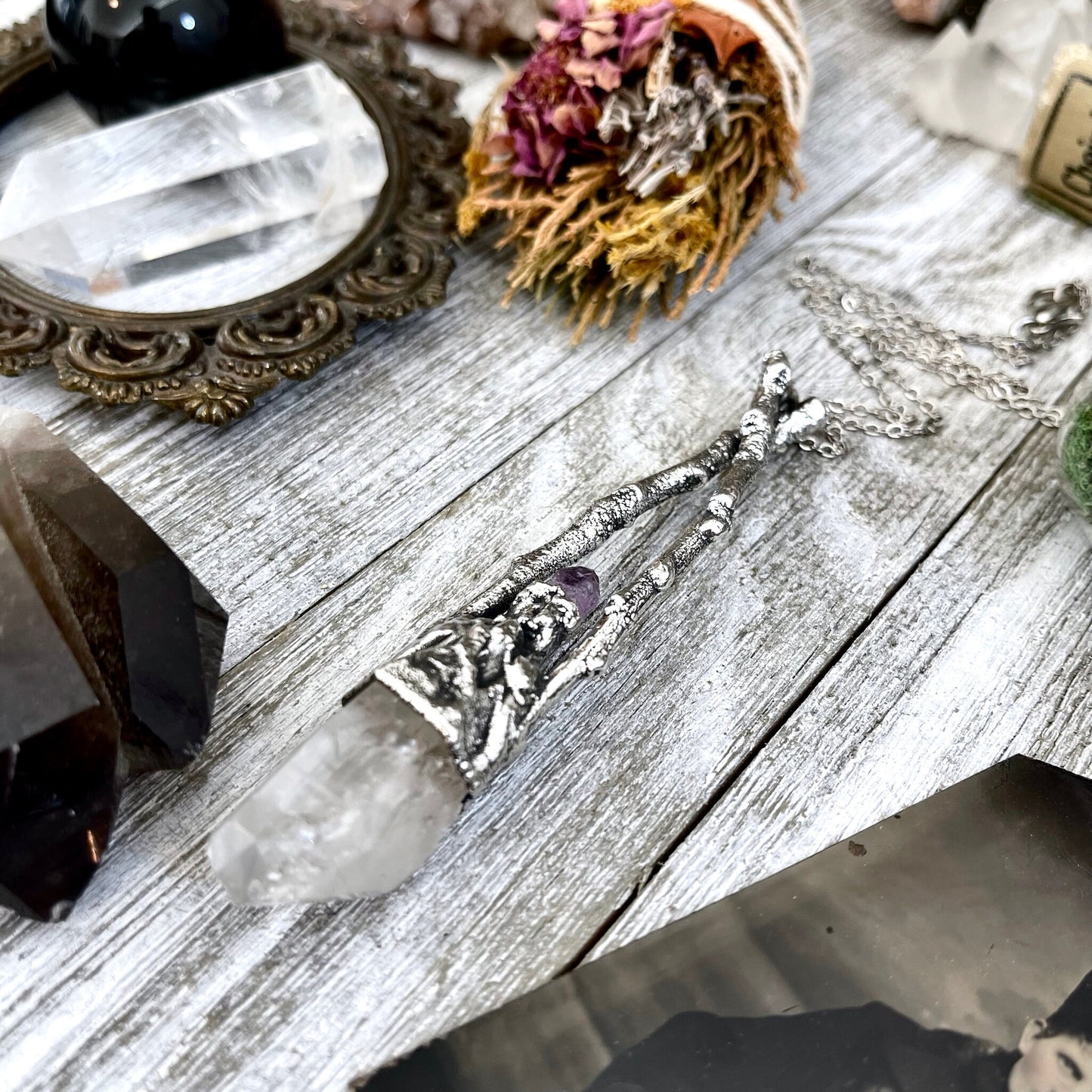 Sticks & Stones Collection - Raw Clear Quartz and Amethyst Crystal Necklace in Fine Silver // Crystal Necklace Witchy Jewelry Gothic Pendant