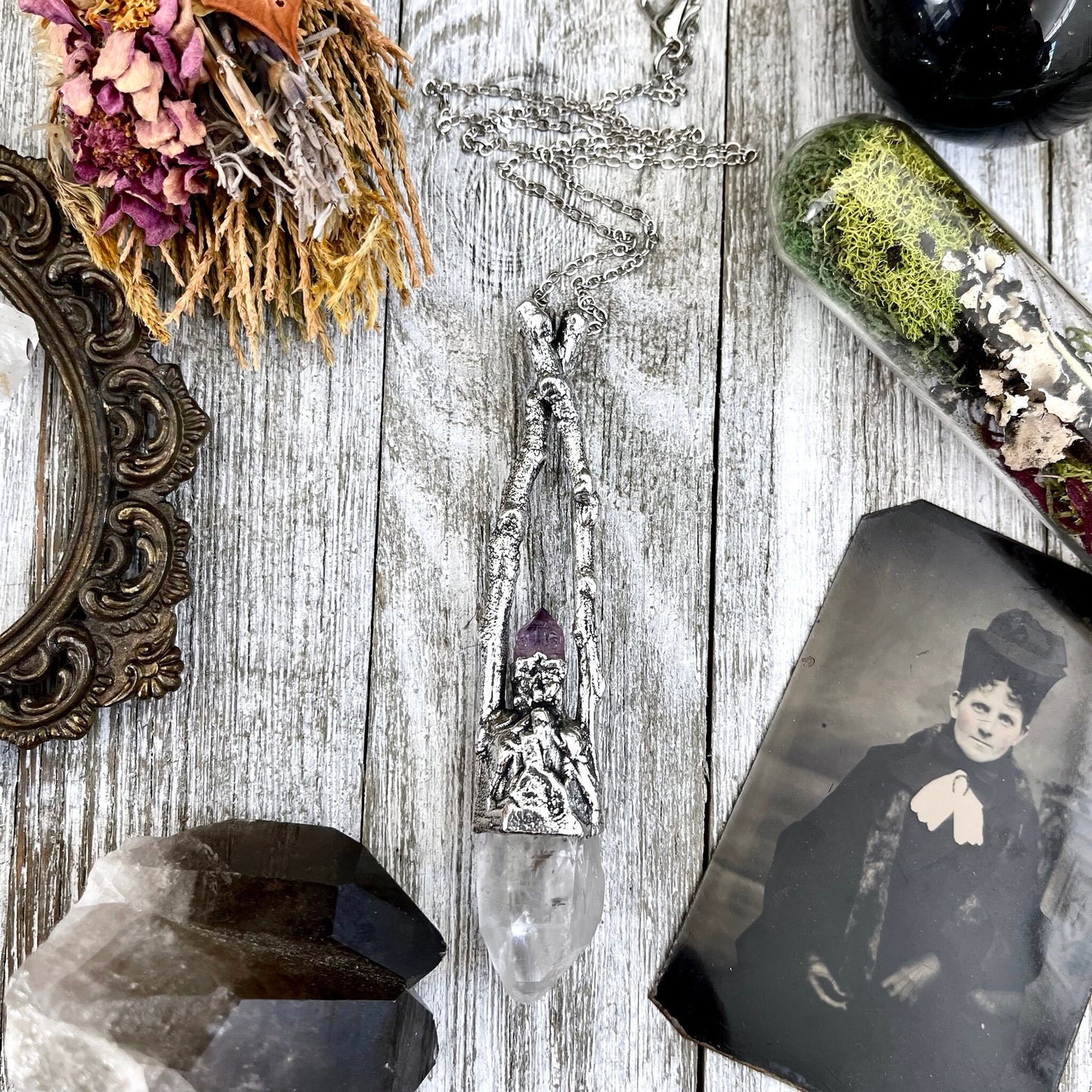 Sticks & Stones Collection - Raw Clear Quartz and Amethyst Crystal Necklace in Fine Silver // Crystal Necklace Witchy Jewelry Gothic Pendant