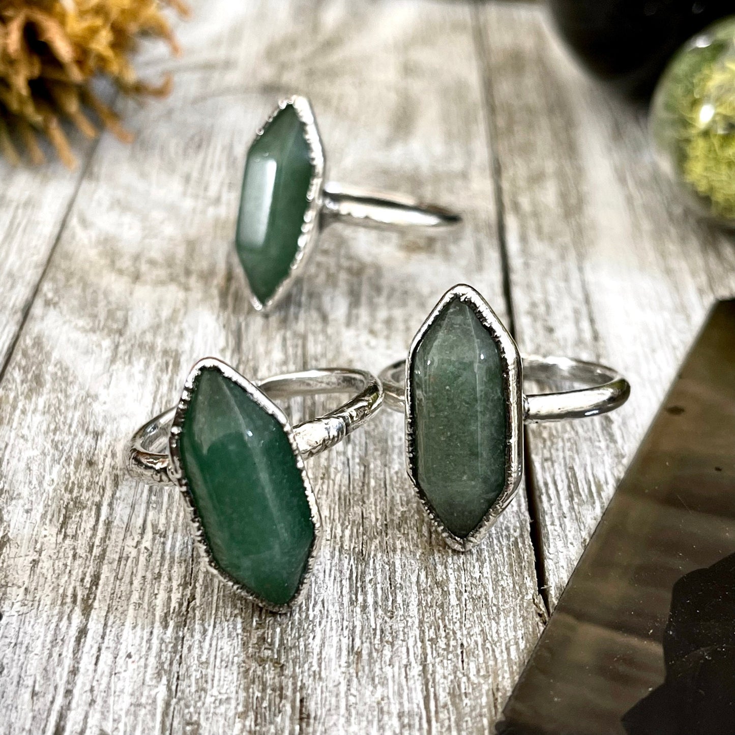 Green Aventurine Point Ring in Fine Silver Size 6 7 8 9 10 Foxlark Collection /