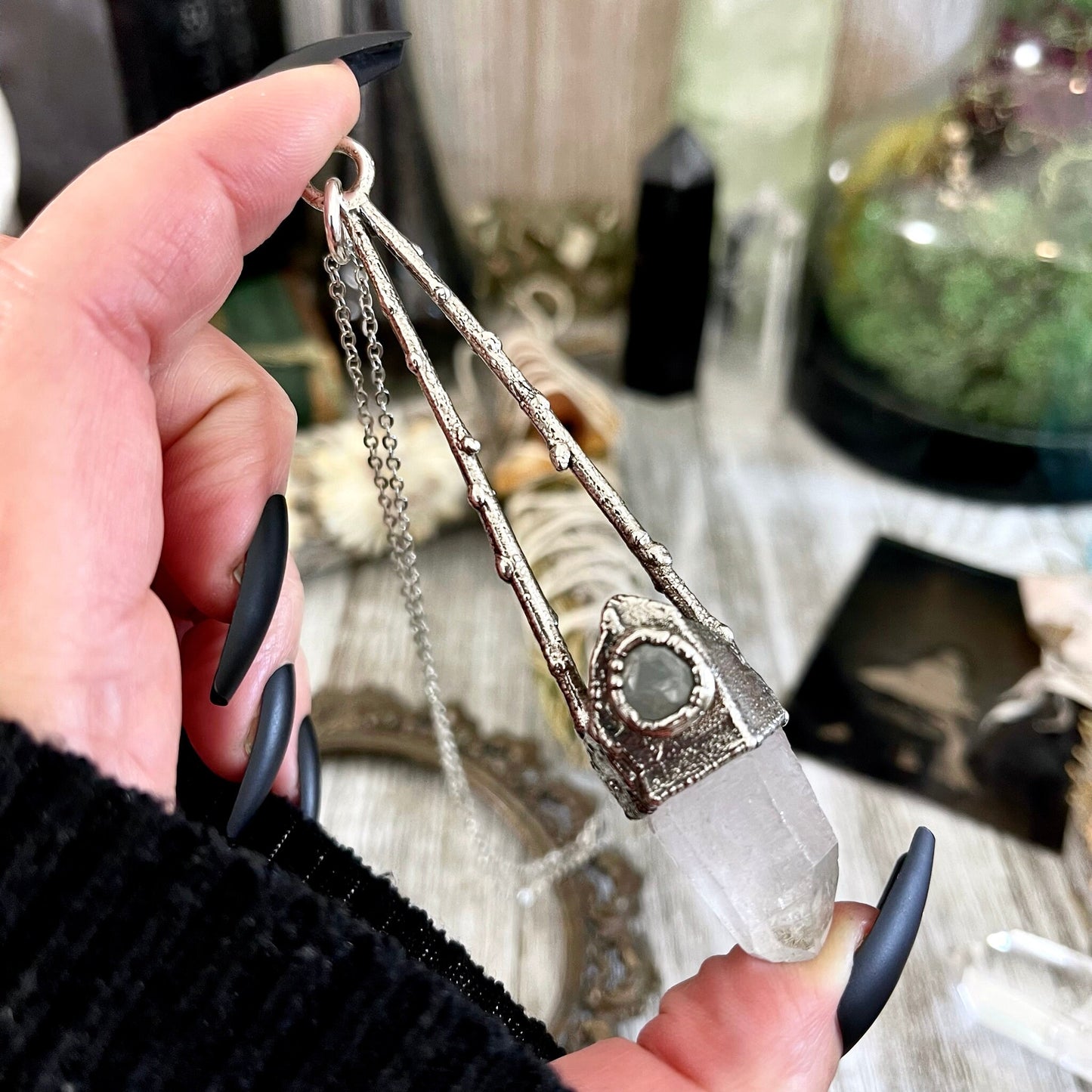 Sticks & Stones Collection - Clear Quartz and Aquamarine Necklace in Fine Silver // Big Crystal Necklace Witchy Jewelry Gothic Pendant
