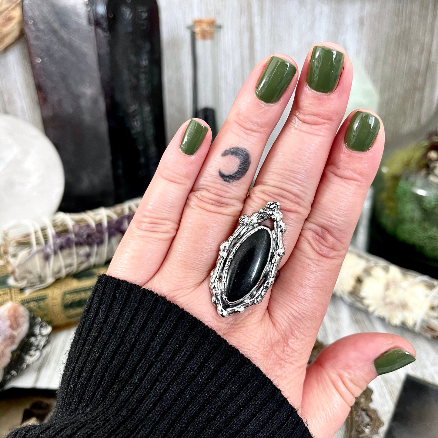 Sticks and Stones Collection- Size 8 Black Onyx Statement Ring in Fine Silver // Big Punk Ring Goth Witchy Crystal Ring Gemstone Jewelry