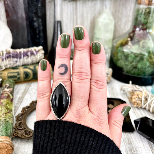 Size 7.5 Natural Black Onyx Ring in Fine Silver / Large Crystal Ring - Black Stone Ring - Silver Crystal Ring - Bohemian Jewelry Gemstone
