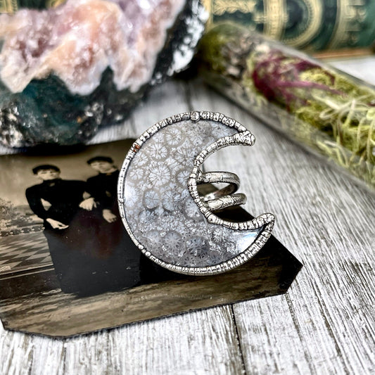 Size 10.5 Fossilized Coral Crescent Moon Statement Ring in Silver / Foxlark Collection - One of a Kind / Big Alternative Bohemian Jewelry