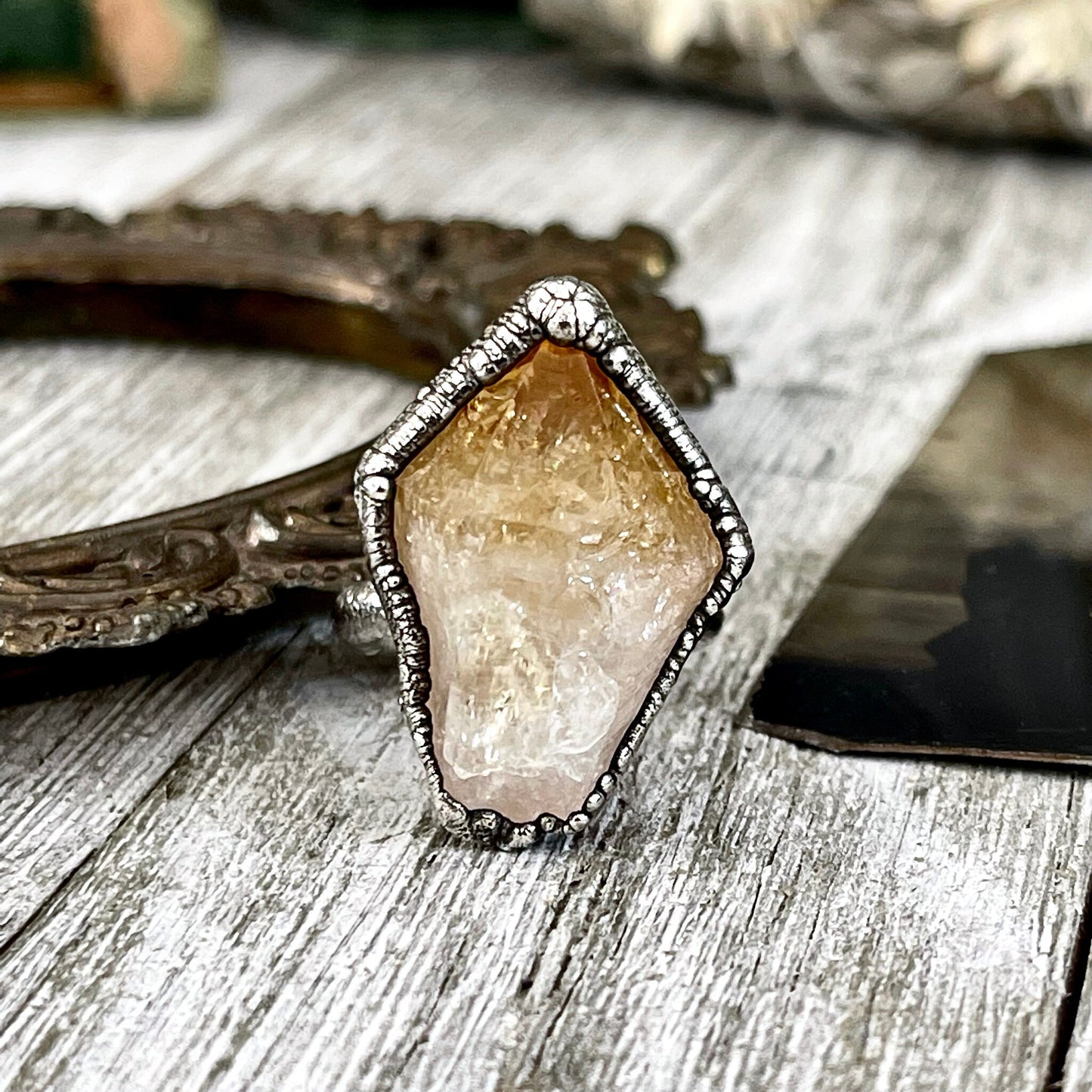 Size 7 Raw Citrine Ring Set in Fine Silver / Foxlark Collection - One of a Kind / Big Crystal Ring Witchy Jewelry / Gothic Jewelry
