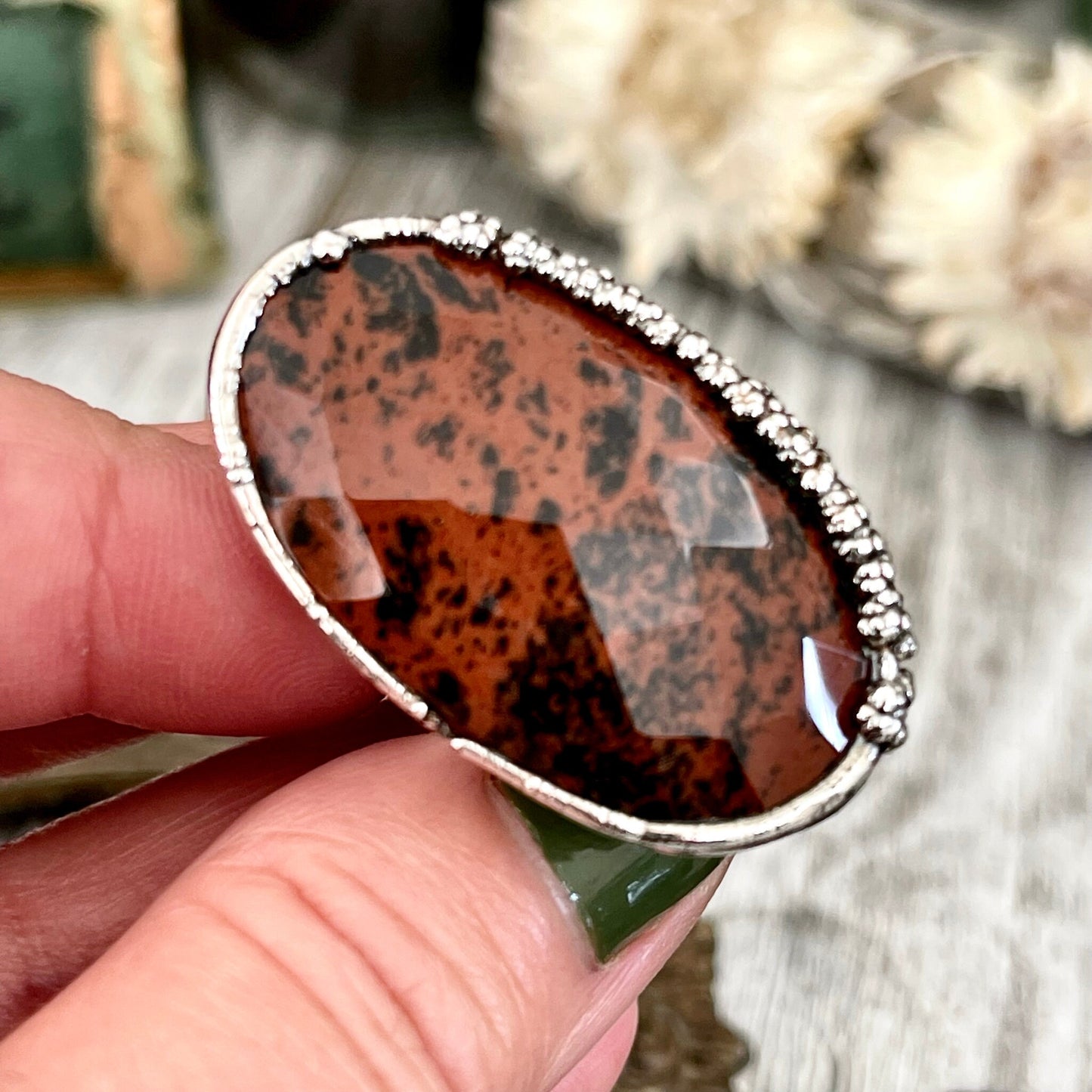 Size 7.5 Mahogany Obsidian Statement Ring in Fine Silver / Foxlark Collection - One of a Kind // Large Black Red Crystal Jewelry Gemstone