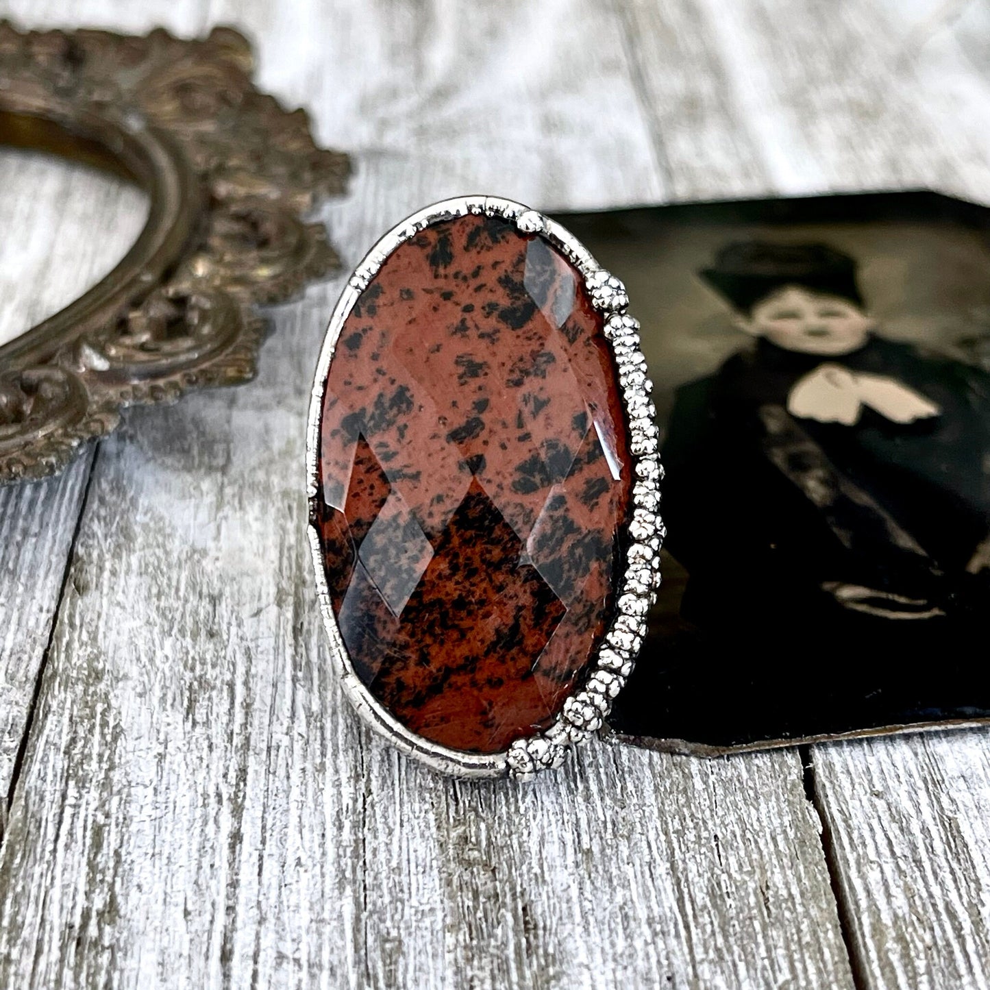 Size 7.5 Mahogany Obsidian Statement Ring in Fine Silver / Foxlark Collection - One of a Kind // Large Black Red Crystal Jewelry Gemstone