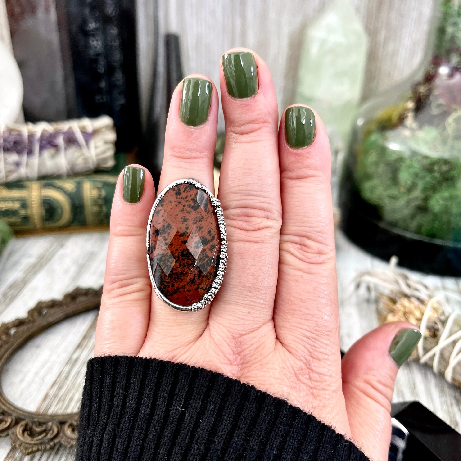 Size 7.5 Mahogany Obsidian Statement Ring in Fine Silver / Foxlark Collection - One of a Kind // Large Black Red Crystal Jewelry Gemstone