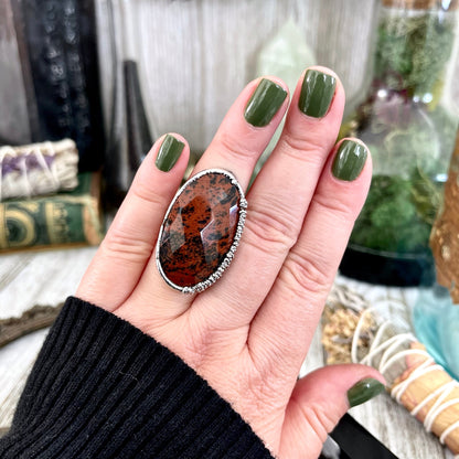 Size 7.5 Mahogany Obsidian Statement Ring in Fine Silver / Foxlark Collection - One of a Kind // Large Black Red Crystal Jewelry Gemstone