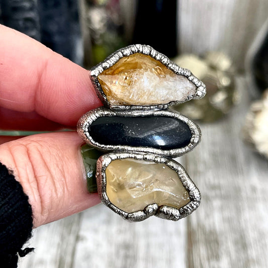 Size 6 Crystal Ring - Three Stone Black Onyx Yellow Citrine Silver Ring / Foxlark Collection - One of a Kind / Big Crystal Jewelry